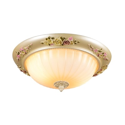 Gold 2 Heads Flush Mount Country Resin Flower Ceiling Lamp with Bowl Opal Ribbed Glass Shade, 12.5