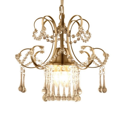 Gold Swirling Chandelier Victorian Iron 3-Light Dining Room Hanging Lamp with Draping Crystal Drops
