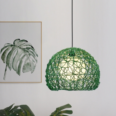 Green Dome Cage Pendant Lighting Asian 1 Bulb Rattan Woven Hanging Light Fixture over Table