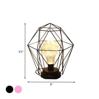 Iron Geometric/Diamond Cage Night Light Macaron Black/Pink LED Table Lighting with Plug In Cord