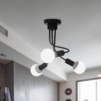 Modern Twisted Arm Semi Flush Light Iron 3/5 Bulbs Bedroom Close to Ceiling Lamp in Black