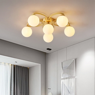 Modernism Orb Semi Flushmount Lighting White Glass 6 Heads Bedroom Flush Mount in Gold with Flower Design