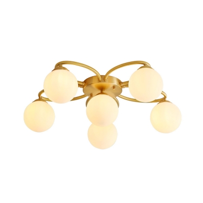 Modernism Orb Semi Flushmount Lighting White Glass 6 Heads Bedroom Flush Mount in Gold with Flower Design