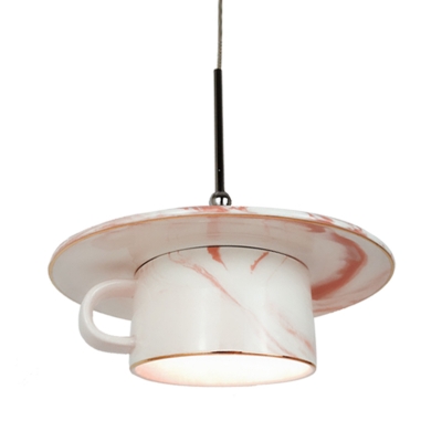 Nordic Coffee Cup Ceiling Hang Fixture Ceramics 1-Bulb Restaurant LED Pendant Lamp in Pink