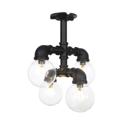 Orb Clear Glass Semi Flush Lighting Vintage 4/5/6 Lights Corridor LED Flush Mounted Lamp in Black