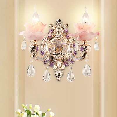 Pink Glass Candle Sconce Modern 1/2 Bulbs Living Room Wall Light in Purple with Crystal Draping