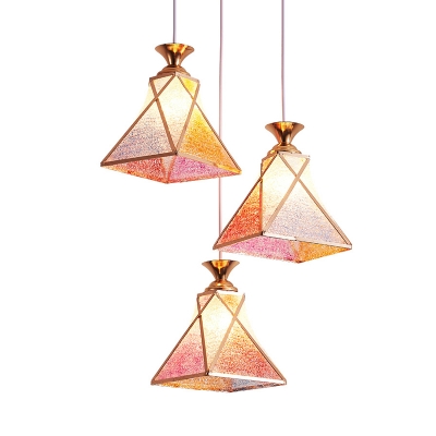 Pink Textured Glass Pyramid Pendant Modern Stylish 3 Bulbs Multi Light Ceiling Light for Dining Room