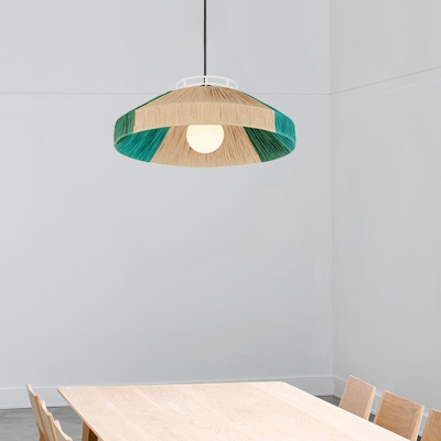 Pot-Lid Dining Table Suspension Lamp Hemp Rope 1 Head Countryside Pendant Light in Pink/Green and Beige