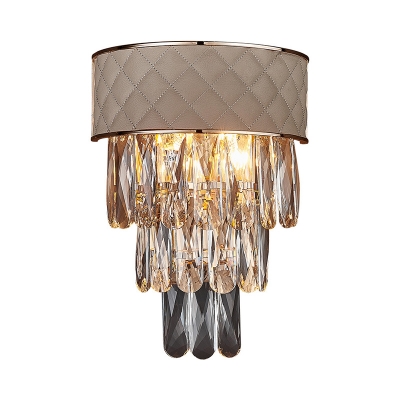 Prismatic Crystal Tiers Wall Lighting Modern 2 Lights Living Room Sconce Light with Trellis Leather Decor in Grey