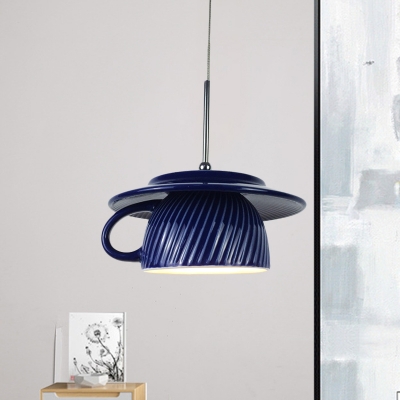 Ribbed Coffee Cup Pendant Light Fixture Nordic Ceramics 1 Light Grey/Green/Dark Blue Hanging Ceiling Lamp