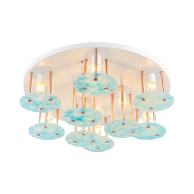 Round Flush Mount Lighting Kids Style Metal 9 Lights White Finish Flush Lamp with Panel Blue Glass Shade
