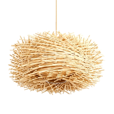 Round Nest Pendant Ceiling Light Asian Rattan 1 Head Beige Hanging Lamp Kit with Fringe