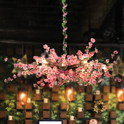 Spread Restaurant Suspension Lighting Retro Iron 12 Bulbs Pink Flower Chandelier Pendant Light