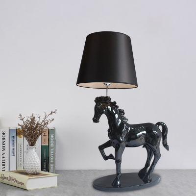 Tapered Shade Fabric Table Lamp Vintage 1 Head Bedroom Nightstand Light with Steed Pedestal in Black