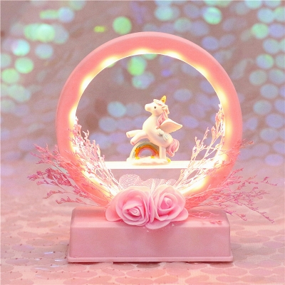 Unicorn and Rainbow/Moon Mini Night Light Cartoon Resin LED Bedroom Night Table Lamp in Pink with Dried Flower Decor