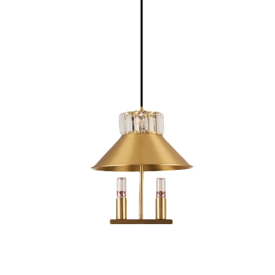 Vintage Cone Hanging Lamp 1 Light Metal Pendant Ceiling Lighting in Brass with Crystal Accent