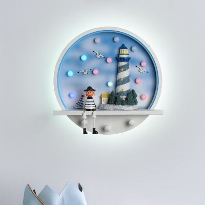 White and Blue Lighthouse Wall Light Fixture Kids LED Wood Round Wall Sconce Lighting in White/3 Color Light
