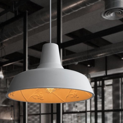 White Barn Hanging Lamp Kit Industrial Iron 1-Light Restaurant Pendant with Carved Pattern Inside
