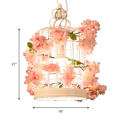 White Birdcage Suspended Lighting Fixture Farm Style Iron 1-Head Restaurant Pendant Light with Artificial Flower