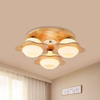 Wood Trapped Floral Flush Lighting Contemporary 3/5 Lights Flush Mounted Lamp with Ball Frosted Glass Shade