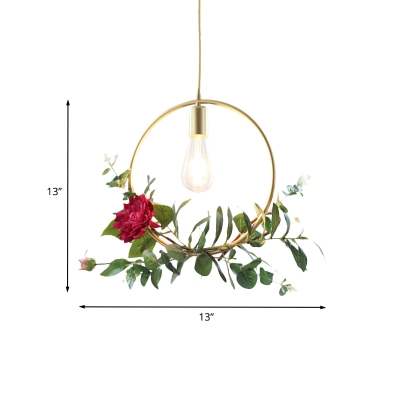 1 Bulb Fake Rose Pendant Ceiling Light Rural Gold Iron Hanging Lamp with Triangle/Square/Linear Frame
