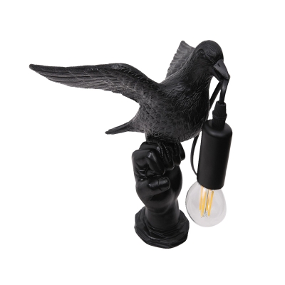 1 Bulb Resin Table Lamp Lodge Black/White Bird Pecking Bedroom Nightstand Light with Bare Bulb Design
