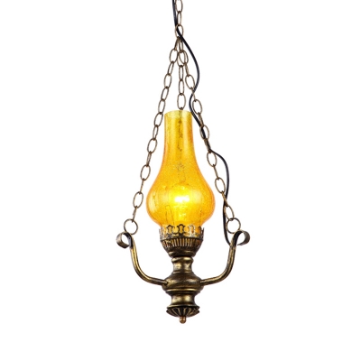 1 Head Suspension Pendant Industrial Dining Room Hanging Light Kit with Vase Amber Crackle Glass Shade in Brass