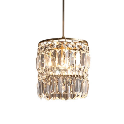 1 Light Bedroom Hanging Lighting Modern Brass Pendant Lamp Fixture with Cylinder Crystal Shade