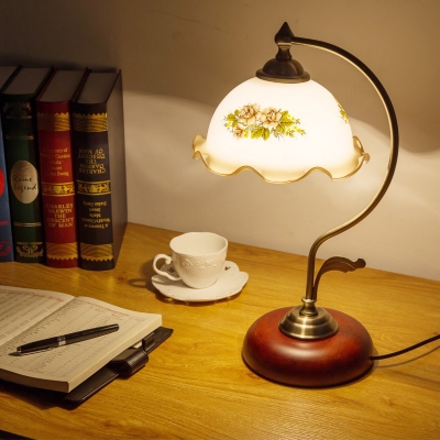1-Light Floral Night Light Vintage Red Brown White Glass Night Table Lamp with Arc Arm
