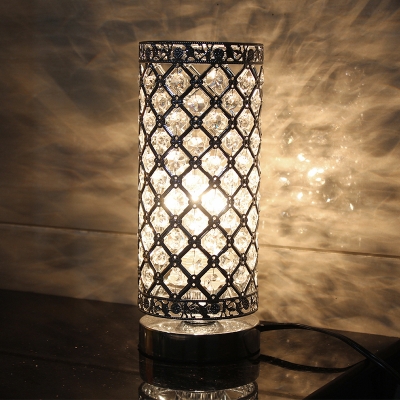 1 Light Inserted Crystal Night Lamp Modern Silver Cylinder Bedroom Night Table Light