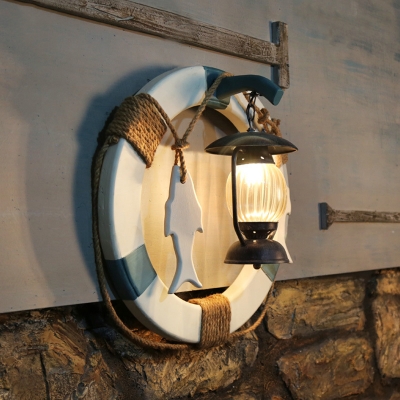 1 Light Wall Mount Lamp Coastal Kerosene Tan Ribbed Glass Wall Sconce in Black with Metal Circular Deco