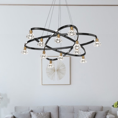 3-Loop Metallic LED Pendant Chandelier Modernism 12 Heads Living Room Ceiling Light with Diamond Crystal Shade in Black