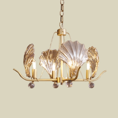 4 Lights Clear Glass Chandelier Lighting Modernist Brass Shell Shape Bedroom Pendant Lamp