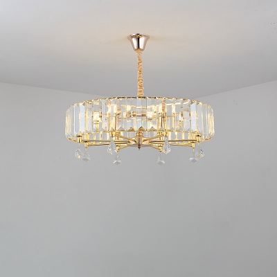 6/8-Light Crystal Block Chandelier Modernism Gold Circle Living Room Hanging Ceiling Lamp with Droplet