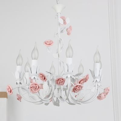 8 Heads Ceiling Chandelier Romantic Style Korean Curved Arm Metallic Pendulum Light in White and Pink