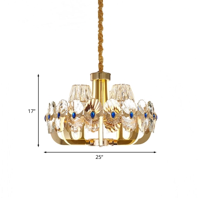 8-Light Prismatic Crystal Pendant Light Contemporary Gold Round Panel Living Room LED Chandelier with Cone Shade