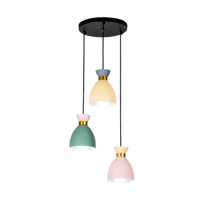 Aluminum Domed Multi Light Pendant Macaron 3 Heads Green-Yellow-Pink Hanging Ceiling Light over Table