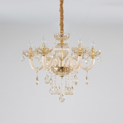 Amber Glass Candelabra Chandelier Retro 6 Heads Living Room Hanging Pendant Light in Gold with Crystal Drape