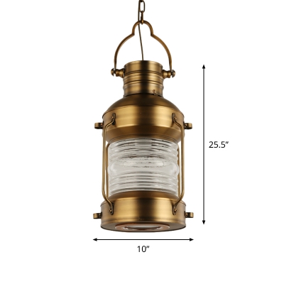 Antiqued Brass 2-Bulb Hanging Lamp Vintage Ribbed Glass Lantern Pendant Light over Table