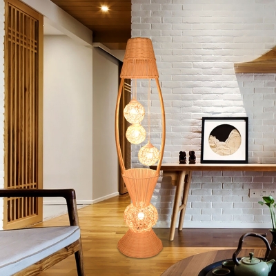 Bamboo Rattan Fish Floor Light Asian 4 Bulbs Wood Standing Lamp with Dangling Ball Shade