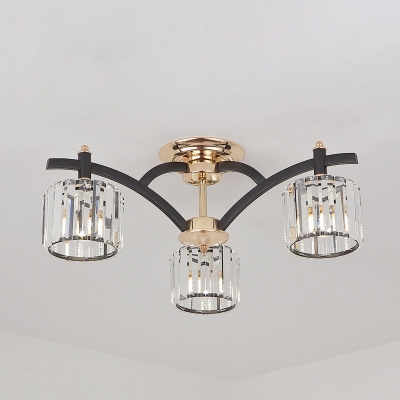 Black and Gold 3/6-Light Semi Flushmount Modernism Beveled Crystal Cylindrical Close to Ceiling Lamp
