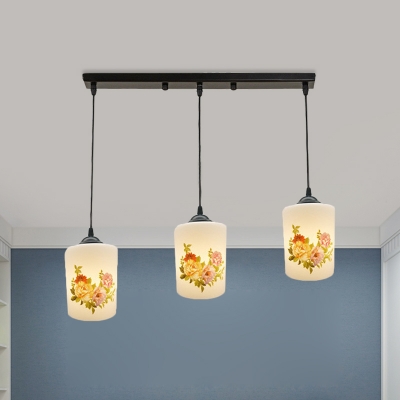 Black Cylinder Cluster Pendant Country White Glass 3 Lights Dining Room Hanging Lamp Kit with Floral Pattern, Round/Linear Canopy