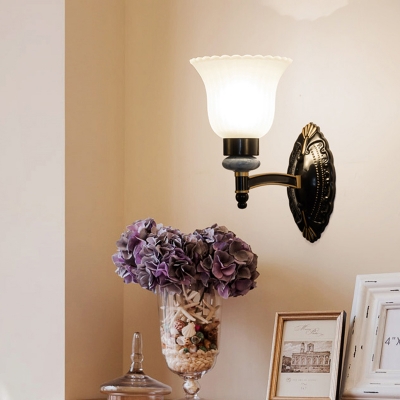 Black Finish 1/2 Light Up Sconce Lighting Traditional White Glass Floral Wall Mounted Lamp