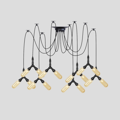 Black Finish 4/6/12-Bulb Multi Light Chandelier Industrial Amber Glass Capsule Swag LED Hanging Lamp Fixture