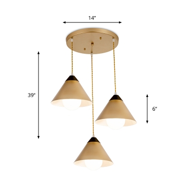 Black-Gold Wide Cone Hanging Light Postmodern Style 3-Light Metal Cluster Pendant Light with Round/Linear Canopy