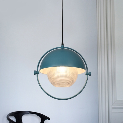 Blue/Gold Finish Semicircle Pendulum Light Modern 1 Light Metal Ceiling Hang Fixture with Orb Clear Latticed Glass Shade and Ring