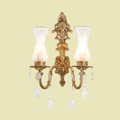 Brass 2 Heads Sconce Lighting Traditional Clear Glass Vase Wall Lamp Fixture with Crystal Droplet