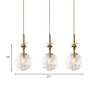 Brass 3 Bulbs Hanging Light Vintage Transparent Hammered Glass Cluster Ball Pendant over Table