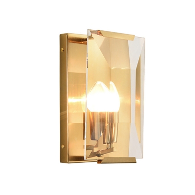 Brass Box Wall Light Fixture Antiqued Clear Seeded/Sleek Crystal Panel 1 Bulb Parlor Wall Sconce