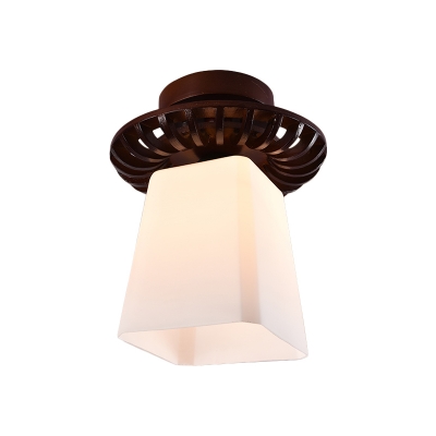 Brown Globe/Square Semi Flush Light Retro Cream Glass 1 Light Corridor Wood Close to Ceiling Lamp